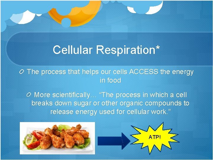 Cellular Respiration* The process that helps our cells ACCESS the energy in food More