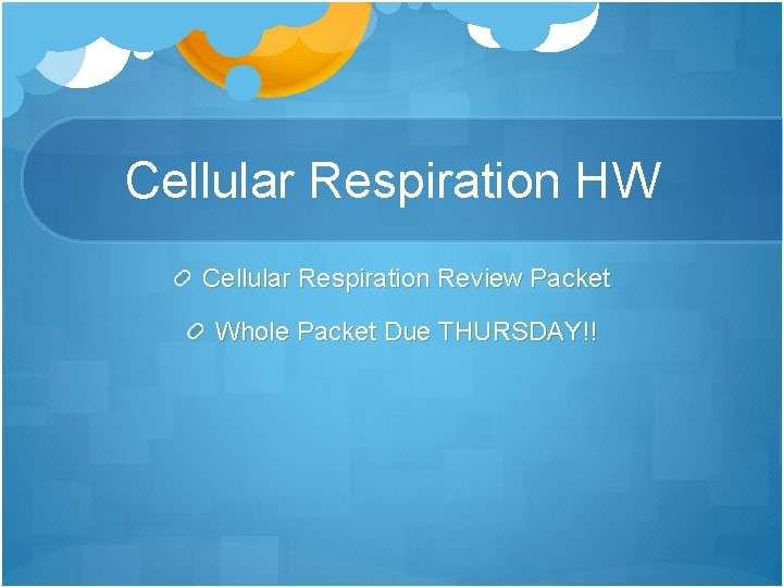 Cellular Respiration HW Cellular Respiration Review Packet Whole Packet Due THURSDAY!! 