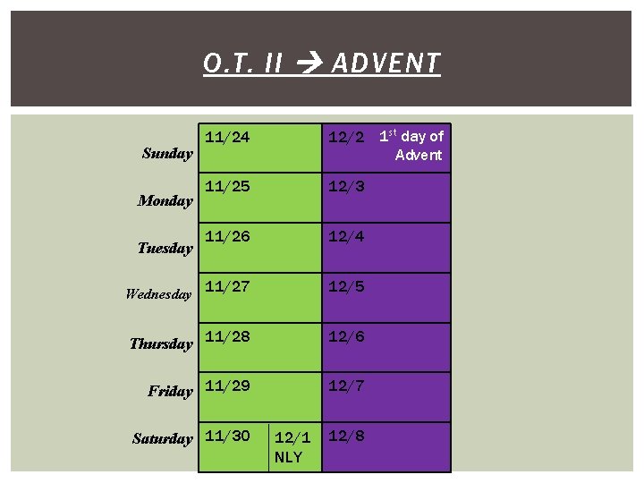 O. T. II ADVENT 11/24 12/2 1 st day of Advent 11/25 12/3 11/26