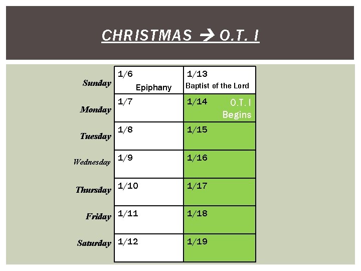 CHRISTMAS O. T. I Sunday Monday Tuesday Wednesday 1/6 1/13 Epiphany Baptist of the