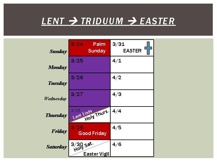 LENT TRIDUUM EASTER 3/24 Sunday Palm Sunday 3/31 EASTER 3/25 4/1 3/26 4/2 3/27