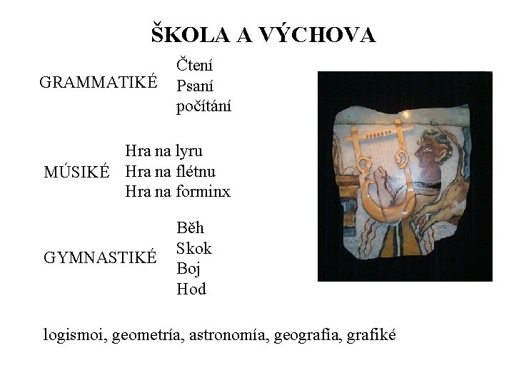 ŠKOLA A VÝCHOVA GRAMMATIKÉ Čtení Psaní počítání Hra na lyru MÚSIKÉ Hra na flétnu