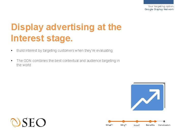 Your targeting option. Google Display Network Display advertising at the Interest stage. • Build