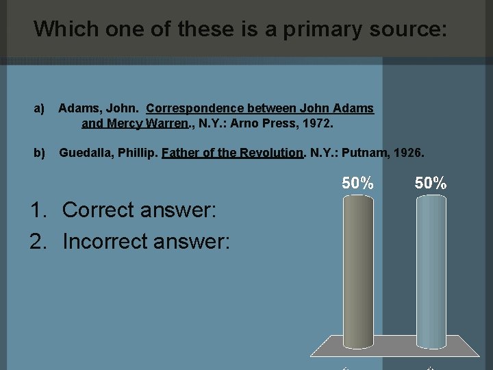 Which one of these is a primary source: a) Adams, John. Correspondence between John