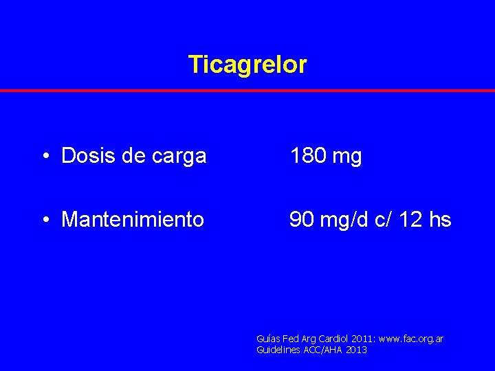 Ticagrelor • Dosis de carga 180 mg • Mantenimiento 90 mg/d c/ 12 hs