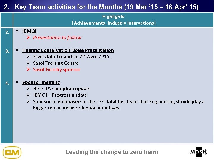 2. Key Team activities for the Months (19 Mar ’ 15 – 16 Apr’