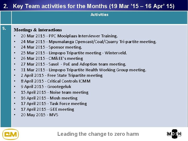 2. Key Team activities for the Months (19 Mar ’ 15 – 16 Apr’