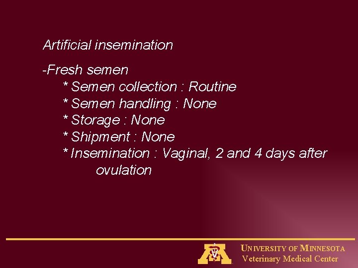 Artificial insemination -Fresh semen * Semen collection : Routine * Semen handling : None