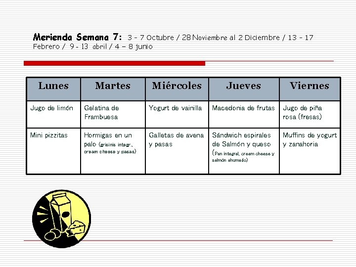 Merienda Semana 7: 3 - 7 Octubre / 28 Noviembre al 2 Diciembre /