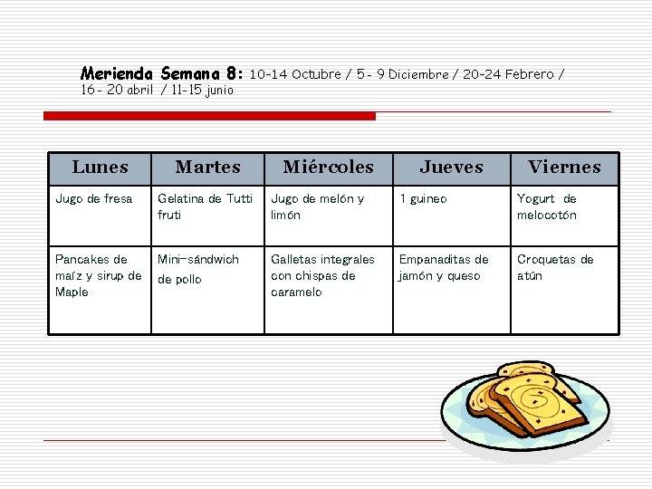 Merienda Semana 8: 16 - 20 abril / 11 -15 junio Lunes 10 -14