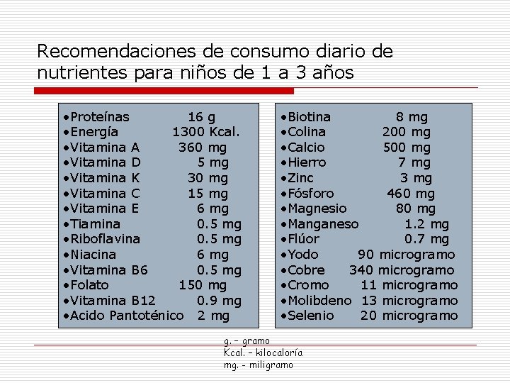 Recomendaciones de consumo diario de nutrientes para niños de 1 a 3 años •