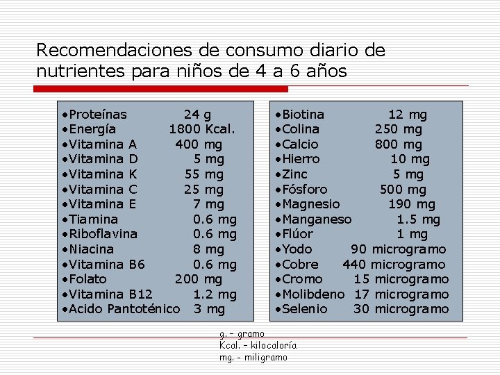 Recomendaciones de consumo diario de nutrientes para niños de 4 a 6 años •