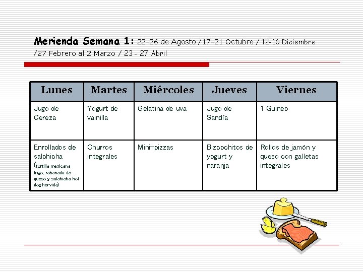 Merienda Semana 1: 22 -26 de Agosto /17 -21 Octubre / 12 -16 Diciembre