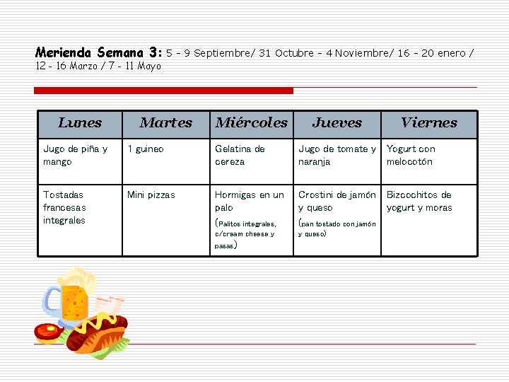 Merienda Semana 3: 5 - 9 Septiembre/ 31 Octubre - 4 Noviembre/ 16 -