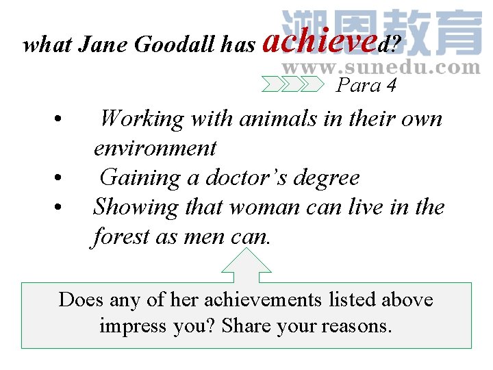 what Jane Goodall has achieved? Para 4 • • • Working with animals in what Jane Goodall has achieved? Para 4 • • • Working with animals in