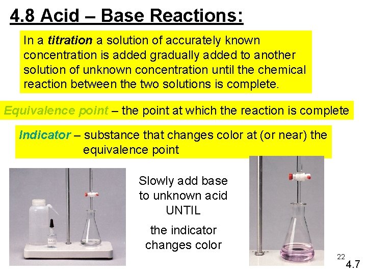 4. 8 Acid – Base Reactions: In a titration a solution of accurately known