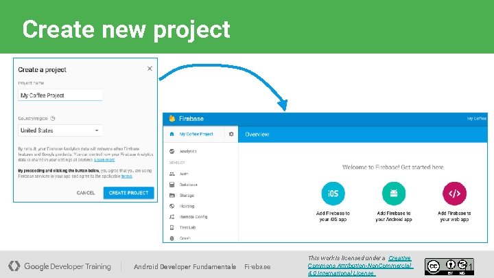 Create new project Android Developer Fundamentals Firebase This work is licensed under a Creative