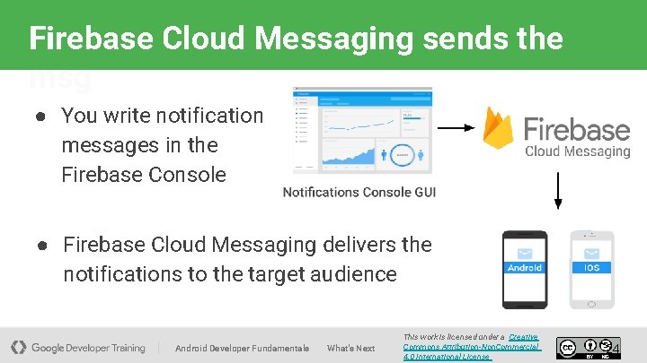 Firebase Cloud Messaging sends the msg ● You write notification messages in the Firebase