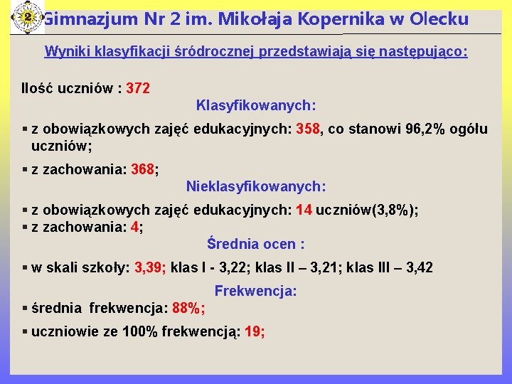 Gimnazjum Nr 2 im. Mikołaja Kopernika w Olecku Wyniki klasyfikacji śródrocznej przedstawiają się następująco: