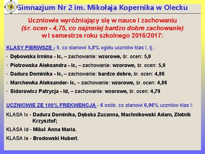 Gimnazjum Nr 2 im. Mikołaja Kopernika w Olecku Uczniowie wyróżniający się w nauce i