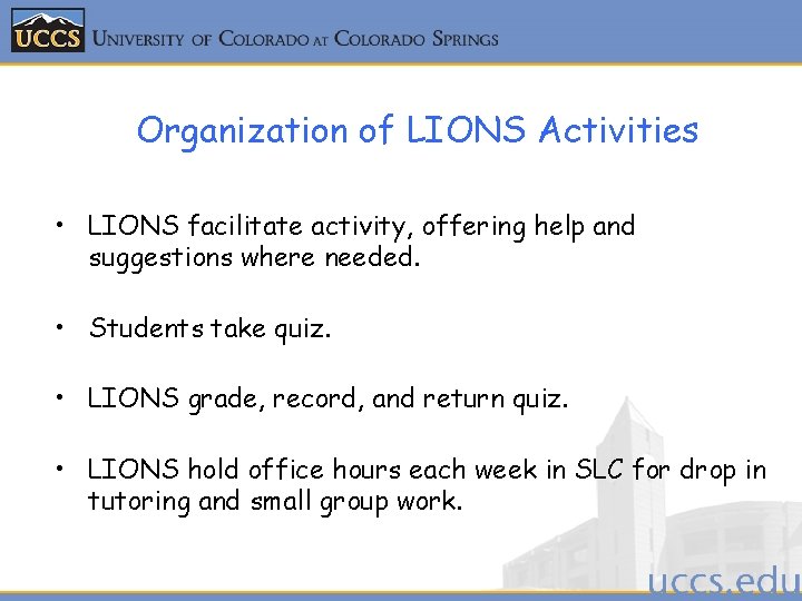 Organization of LIONS Activities • LIONS facilitate activity, offering help and suggestions where needed.