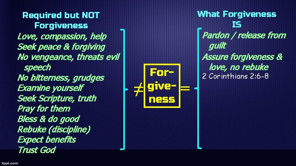 What Forgiveness IS Required but NOT Forgiveness Love, compassion, help Seek peace & forgiving