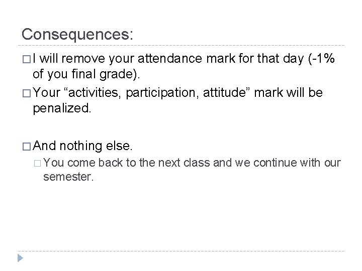 Consequences: �I will remove your attendance mark for that day (-1% of you final Consequences: �I will remove your attendance mark for that day (-1% of you final