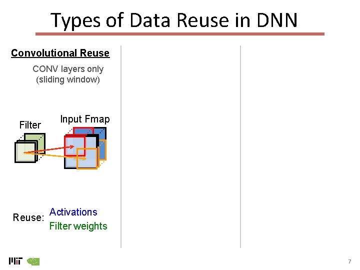 Types of Data Reuse in DNN Convolutional Reuse CONV layers only (sliding window) Filter