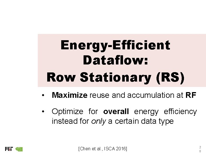 Energy-Efficient Dataflow: Row Stationary (RS) • Maximize reuse and accumulation at RF • Optimize