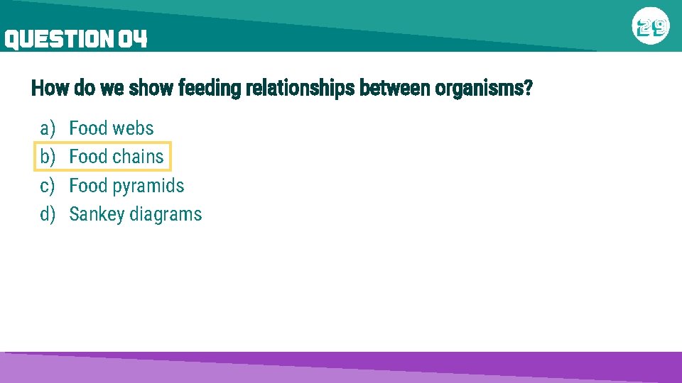 QUESTION 04 How do we show feeding relationships between organisms? a) b) c) d)