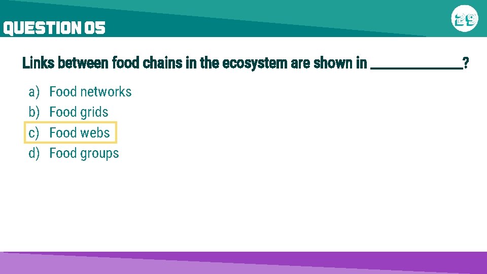 QUESTION 05 Links between food chains in the ecosystem are shown in ________? a)