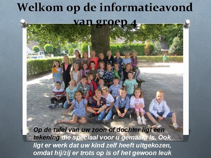 Welkom op de informatieavond van groep 4 Op de tafel van uw zoon of