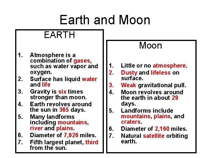 Earth and Moon EARTH Moon 1. 2. 3. 4. 5. 6. 7. Atmosphere is