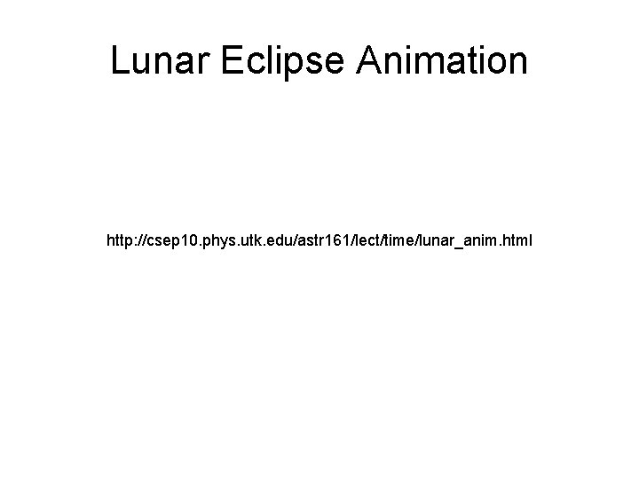 Lunar Eclipse Animation http: //csep 10. phys. utk. edu/astr 161/lect/time/lunar_anim. html 