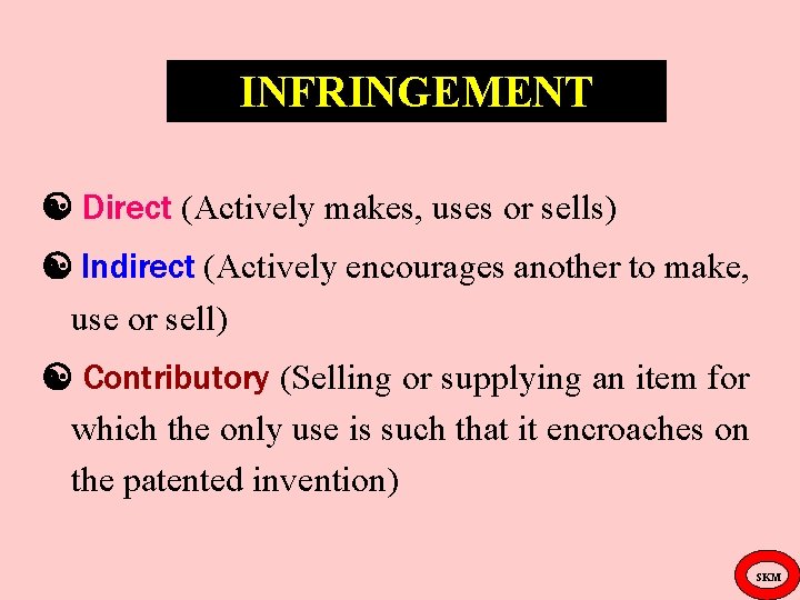 INFRINGEMENT Direct (Actively makes, uses or sells) Indirect (Actively encourages another to make, use