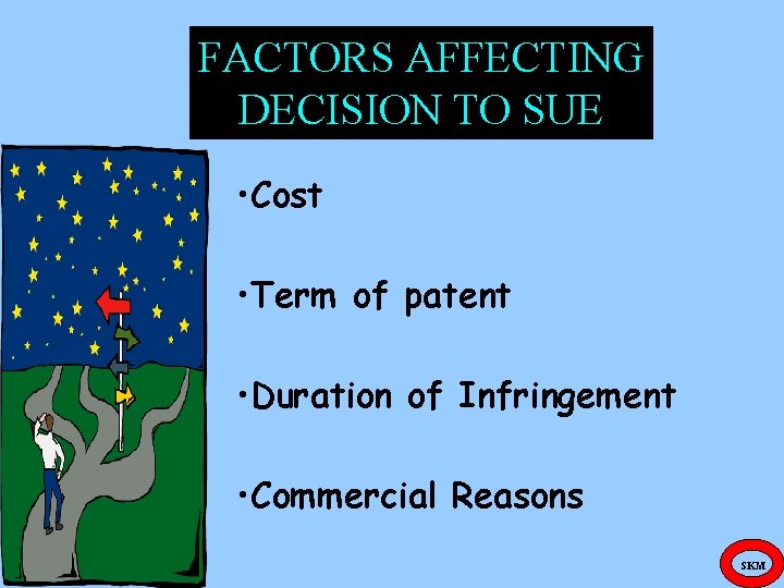 FACTORS AFFECTING DECISION TO SUE • Cost • Term of patent • Duration of