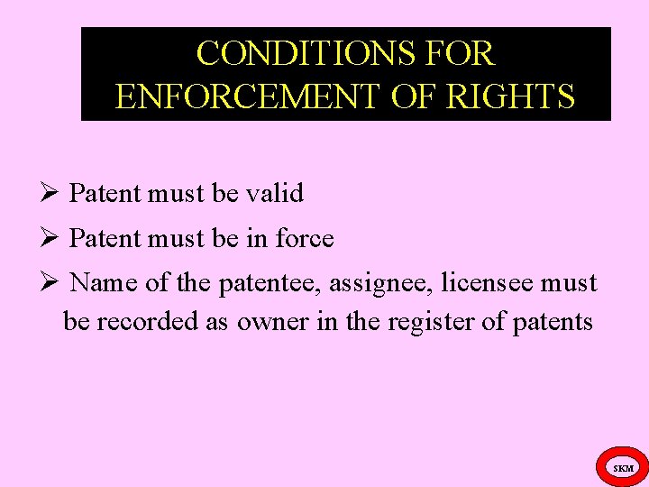 CONDITIONS FOR ENFORCEMENT OF RIGHTS Patent must be valid Patent must be in force