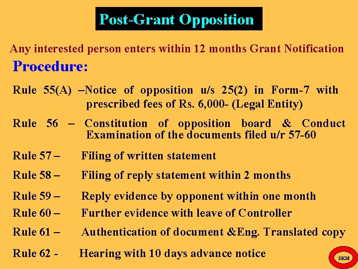 Post-Grant Opposition Any interested person enters within 12 months Grant Notification Procedure: Rule 55(A)