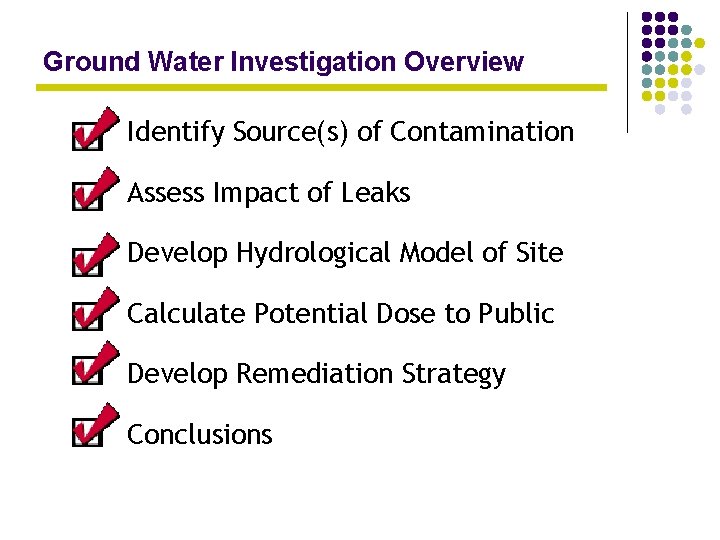Ground Water Investigation Overview Identify Source(s) of Contamination Assess Impact of Leaks Develop Hydrological