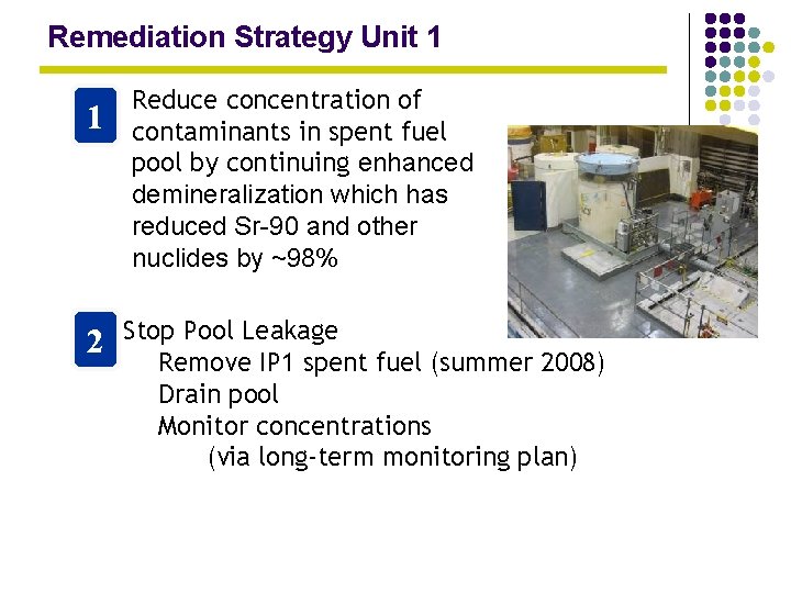 Remediation Strategy Unit 1 1 2 Reduce concentration of contaminants in spent fuel pool