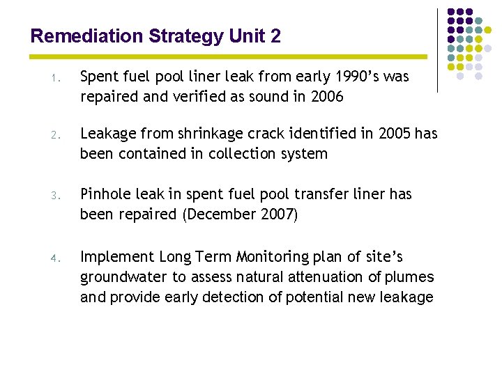 Remediation Strategy Unit 2 1. Spent fuel pool liner leak from early 1990’s was