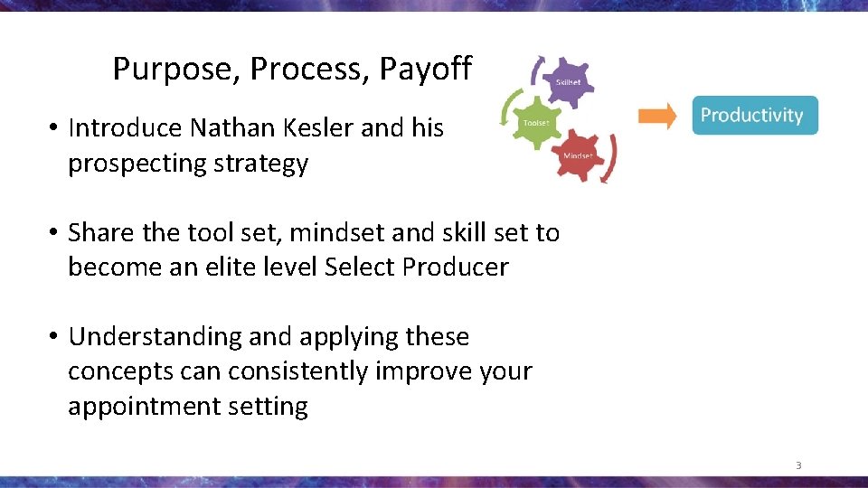 Purpose, Process, Payoff • Introduce Nathan Kesler and his prospecting strategy • Share the