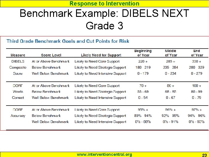 Response to Intervention Benchmark Example: DIBELS NEXT Grade 3 www. interventioncentral. org 23 