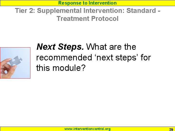 Response to Intervention Tier 2: Supplemental Intervention: Standard Treatment Protocol Next Steps. What are