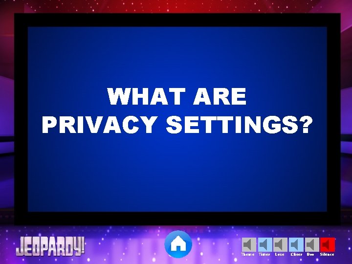 WHAT ARE PRIVACY SETTINGS? Theme Timer Lose Cheer Boo Silence 