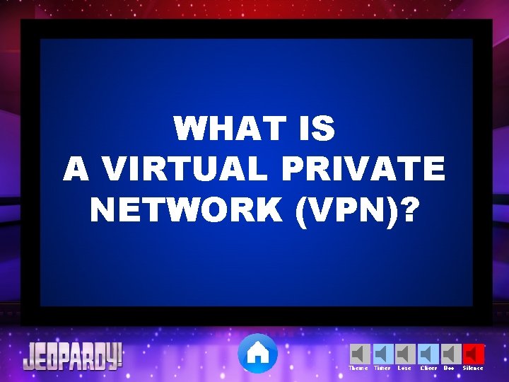 WHAT IS A VIRTUAL PRIVATE NETWORK (VPN)? Theme Timer Lose Cheer Boo Silence 