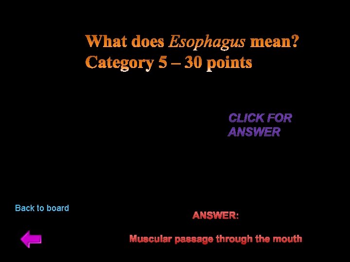 Back to board ANSWER: Muscular passage through the mouth 