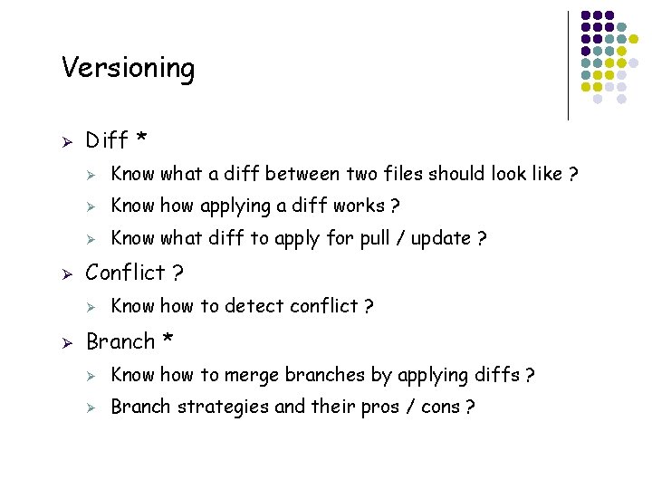 Versioning Ø Ø Diff * Ø Know what a diff between two files should Versioning Ø Ø Diff * Ø Know what a diff between two files should