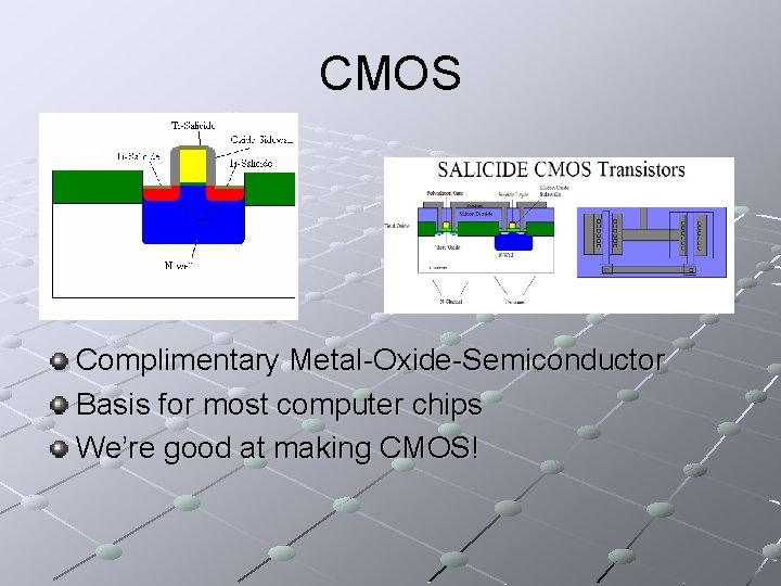 CMOS Complimentary Metal-Oxide-Semiconductor Basis for most computer chips We’re good at making CMOS! 