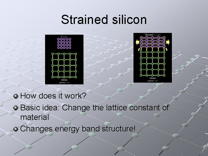 Strained silicon How does it work? Basic idea: Change the lattice constant of material
